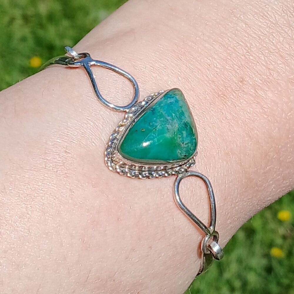 Vintage Sterling Silver & Chrysocolla Stone Hook Clasp Reygo 925 Mexico Bangle
